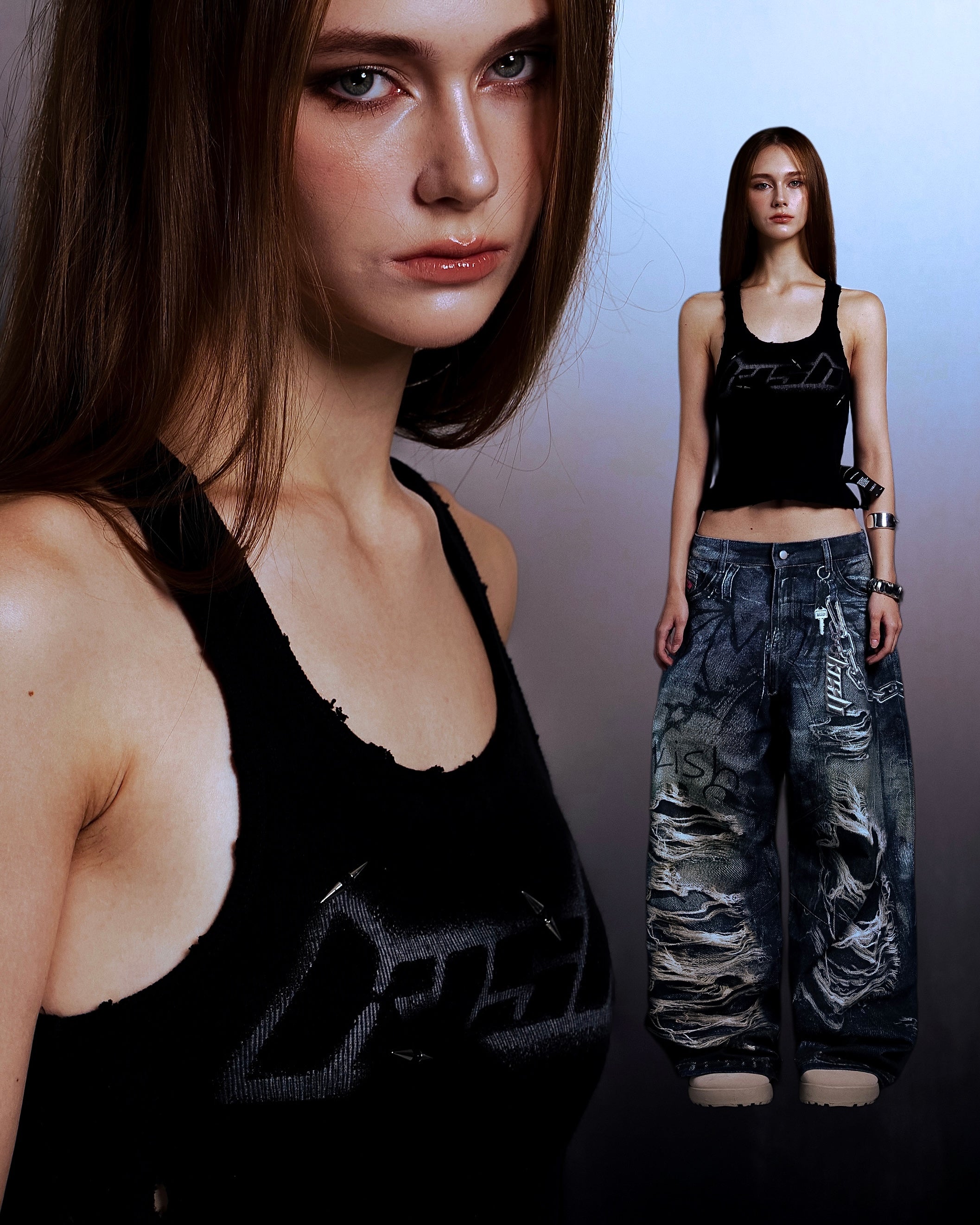 PRINTER RIPPED JEANS